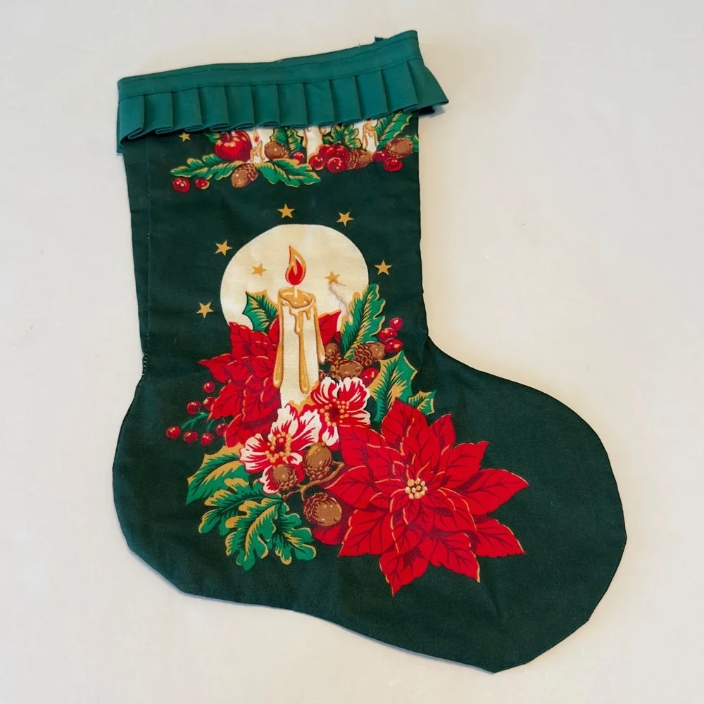 Vintage Christmas Stocking Green Poinsettia Candle Pleated Ruffle‎ Trim Retro
